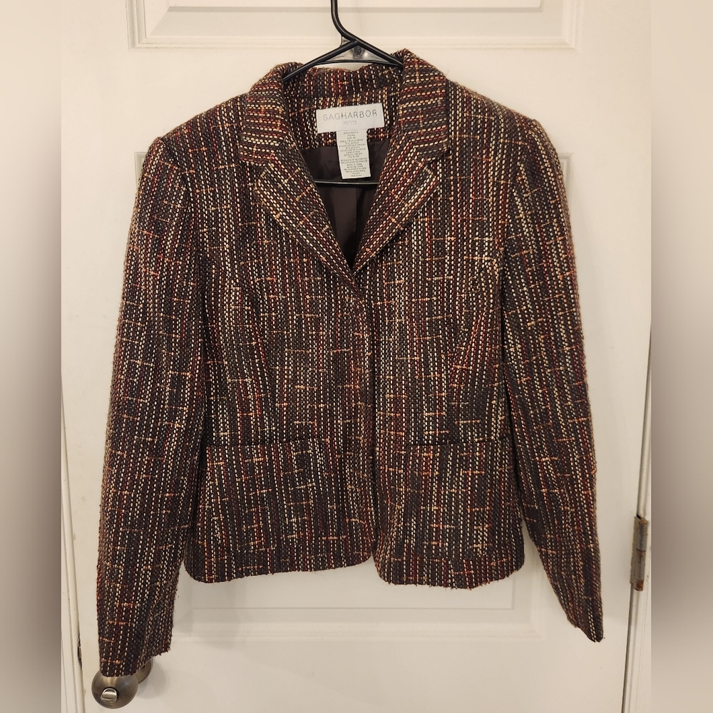 Sag Harbor Jacket Womens‎ 6P Brown Tweed Long Sleeves Button Up Collared #SS1097